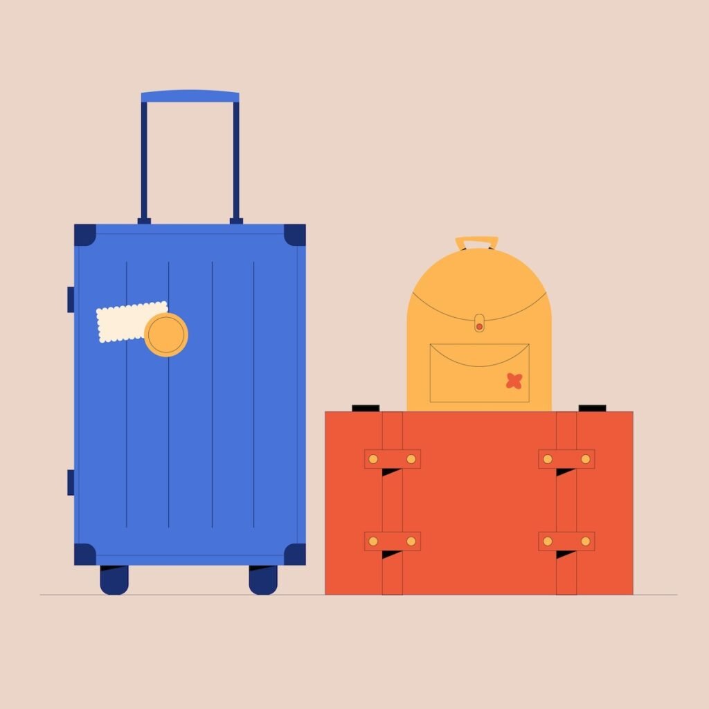 Illustrataion of three pieces of luggage: a tall blue suitcase with wheels and a handle, a yellow backpack with a front pocket and a small red cross emblem, and an orange suitcase with straps and buckles