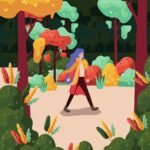 illustration of a woman walking through a colorful forest with fall colors and carrying a pumpkin