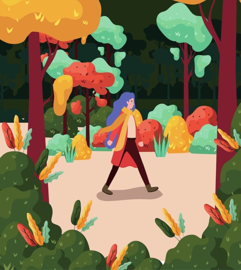 illustration of a woman walking through a colorful forest with fall colors and carrying a pumpkin