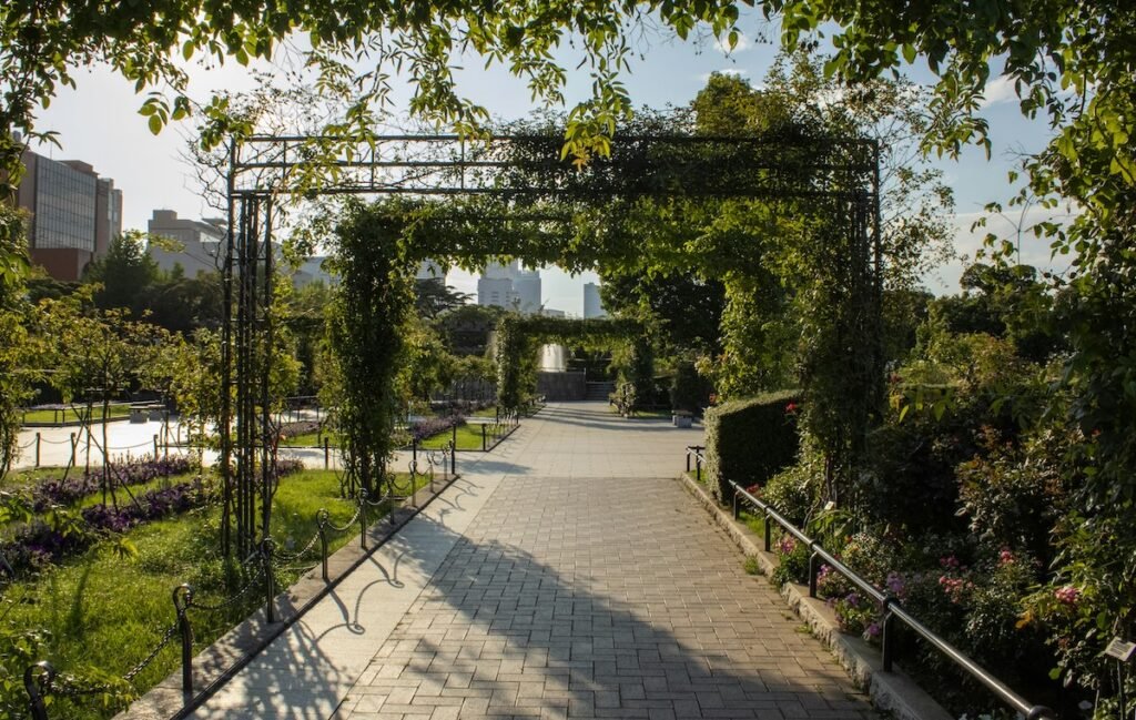 image of yamashita park, pictured here are several green archways with twisting leaves