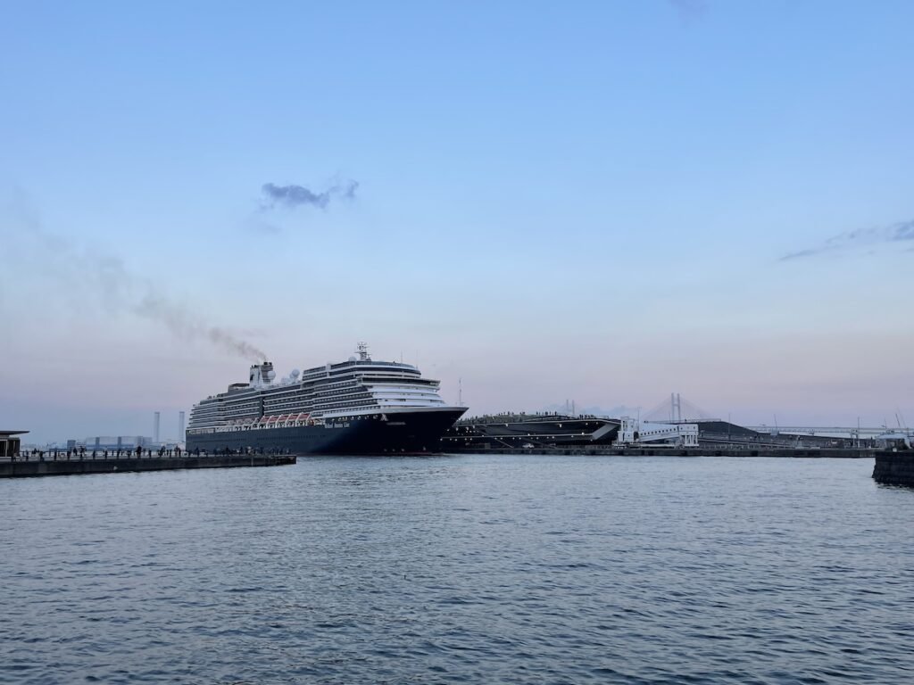 senset views of the water and the ocean with a cruise docked at the osanbashi ferry terminal