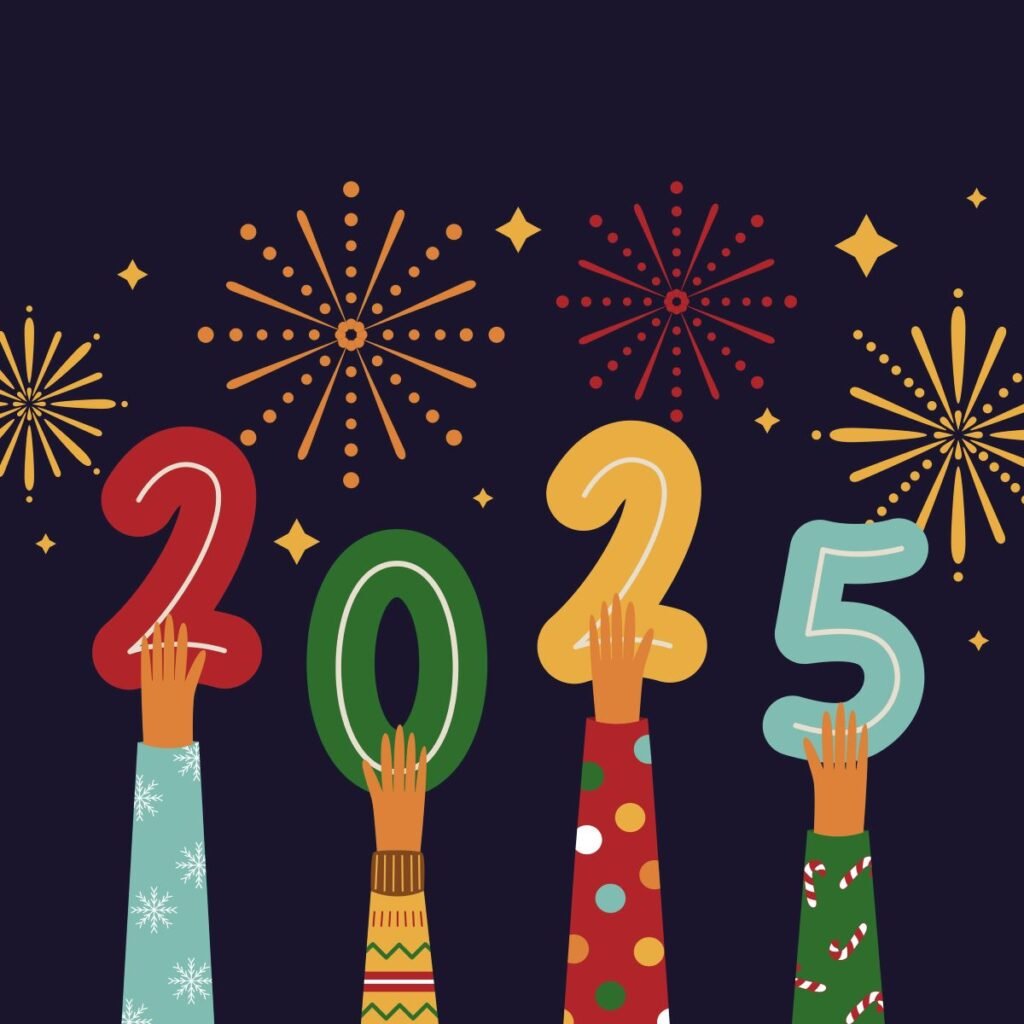 A vibrant New Year celebration illustration featuring four hands holding up colorful numbers forming "2025" against a dark background. Fireworks and sparkling stars illuminate the scene, while the hands are dressed in festive sweaters with holiday patterns, evoking a joyful and festive atmosphere.