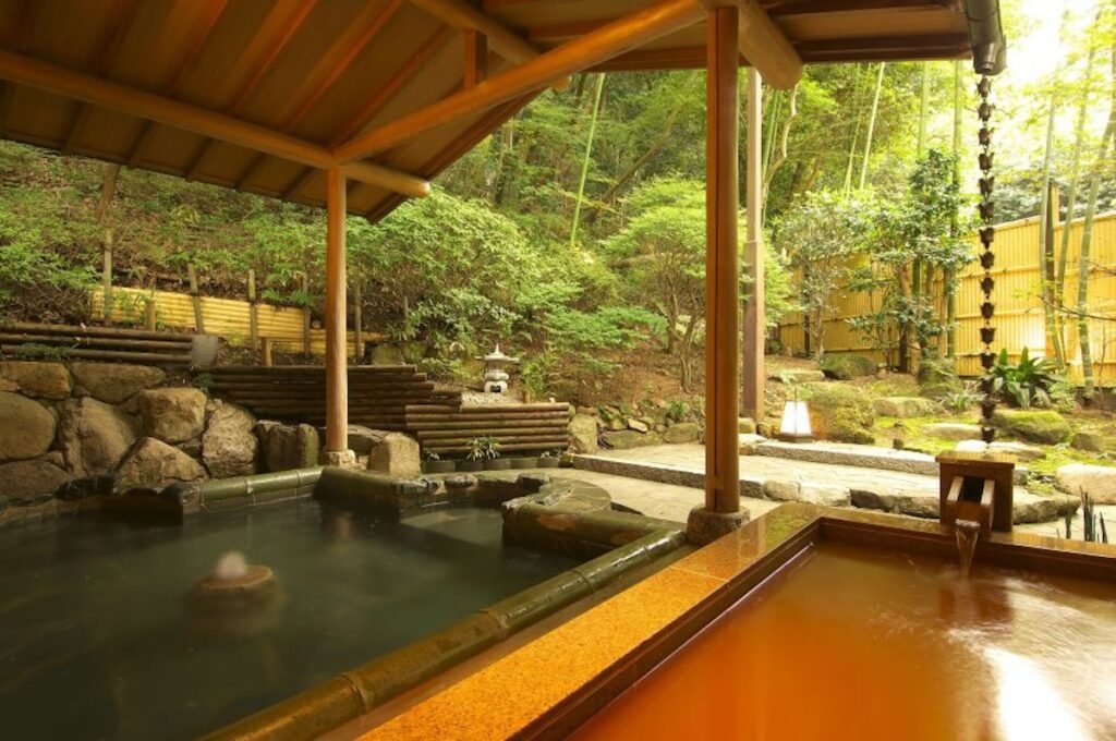 This image features a serene outdoor onsen (hot spring) surrounded by lush greenery and traditional Japanese landscaping. The wooden-roofed structure shelters two distinct hot spring baths—one with dark mineral-rich water and another with reddish-brown water, possibly indicating a high iron content. Bamboo fencing, stone lanterns, and a backdrop of dense bamboo forest create a tranquil and authentic Japanese ryokan atmosphere.