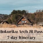 image of shirakawago thatched houses in the background with the title "hokuriku arch jr pass 7-day itinerary" in the foreground